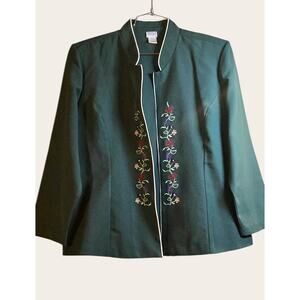 Adrian Delafield for Haband Green Open Front Blazer Floral Embroidery Petite XLP